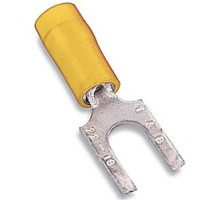 THOMAS & BETTS  RC1223M               Nylon Insulated Fork Terminal with Flanged Tongue, Length 0.97in, Width 0.34in, Max Insulation 0.210, Bolt Hole #8, Wire Range #12-#10 AWG, Yellow, Copper, Tin Plated, On Mylar Tape, 500 Pack