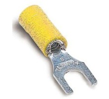THOMAS & BETTS  RC1147M               Vinyl Insulated Fork Terminal, Length 1.09in, Width 0.38in, Max Insulation 0.210, Bolt Hole #8, Wire Range #12-#10 AWG, Yellow, Copper, Tin Plated, On Mylar Tape, 500 Pack