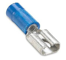 THOMAS & BETTS  RB257-200M               Vinyl Insulated Female Disconnect, Length 0.96in, Width 0.29in, Max Insulation 0.200, Tab Size 0.250x.032, Wire Range #16-#14 AWG, Blue, Copper, Tin Plated, On Mylar Tape, 1,000 Pack
