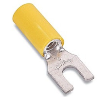 THOMAS & BETTS  RC2203ML               Nylon Insulated Locking Fork Terminal, Length 0.97in, Width 0.31in, Max Insulation 0.210, Bolt Hole #6, Wire Range #12-#10 AWG, Yellow, Copper, Tin Plated, On Left Feed Reel Mylar Tape, 500 Pack