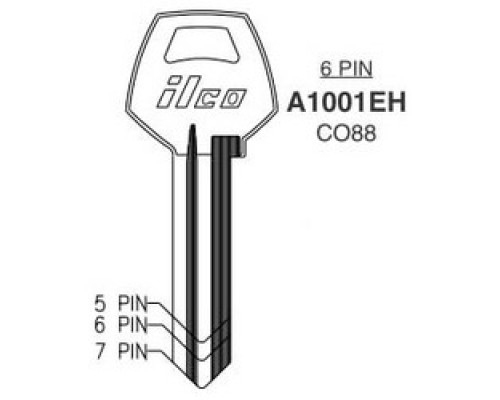 KABA ILCO CORP  A1001EH NP A02  CO88              Cylinder Lock Key Blank, 6-Pin, Brass, Nickel Plated, 2 Price Group, For Corbin/Russwin