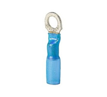 THOMAS & BETTS  RBS14-10X               Heat Shrinkable Ring Terminal, Length 1.26in, Width .31in, Max Insulation .200, Bolt Hole #10, Wire Range #16-#14 AWG, Color Blue, Copper, Tin Plated
