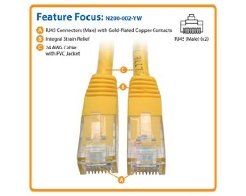 TRIPP LITE N200-002-YW        Cat6 Gigabit Molded Patch Cable RJ45 M/M , Yellow, 2 ft.