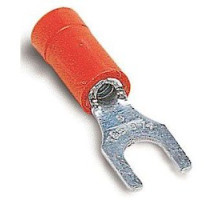 THOMAS & BETTS  RA1167U               Vinyl Insulated Fork Terminal with 90 Degree Bend, Length 0.94in, Width 0.25in, Max Insulation 0.150, Bolt Hole #6, Wire Range #22-#16 AWG, Red, Copper, Tin Plated