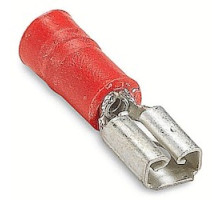THOMAS & BETTS  RAD1827M               Vinyl-Insulated Female Disconnect, Length 0.85in, Width 0.23in, Max Insulation 0.150, Tab Size 0.187x.020 Wire Range #22-#18 AWG, Red, Copper, Tin Plated, On Mylar Tape, 1,000 Pack