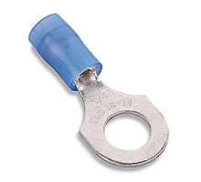 THOMAS & BETTS  RB713U               Nylon Insulated Ring Terminal with 90 Degree Bend, Length 1.08in, Width 0.47in, Max Insulation 0.162, Bolt Hole 1/4in, Wire Range #18-#14 AWG, Blue, Copper, Tin Plated, 1,000 Pack