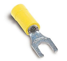 THOMAS & BETTS  RC2227M               Vinyl Insulated Locking Fork Terminal, Length 1.09in, Width 0.37in, Max Insulation 0.220, Bolt Hole #10, Wire Range #12-#10 AWG, Yellow, Copper, Tin Plated, On Mylar Tape, 500 Pack