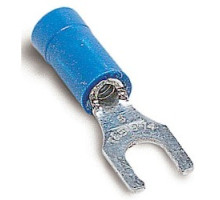 THOMAS & BETTS  RB2257-200M               Expanded Vinyl Insulated Locking Fork Terminal, Length 0.97in, Width 0.31in, Max Insulation 0.200, Bolt Hole #10, Wire Range #18-#14 AWG, Blue, Copper, Tin Plated, On Mylar Tape, 1,000 Pack