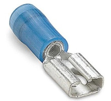 THOMAS & BETTS  RB250ML               Nylon Insulated Female Disconnect, Length 0.91in, Width 0.29in, Max Insulation 0.162, Tab Size 0.250x.032, Wire Range #16-#14, Blue, Copper, Tin Plated, On Left Feed Reel Mylar Tape, 1,000 Pack