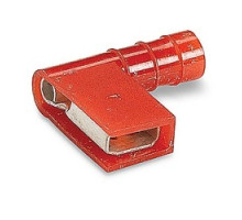 THOMAS & BETTS  RAD1887F               Nylon Fully Insulated 90 Degree Flag Female Disconnect, Length 0.74in, Width 0.59in, Max Insulation 0.150, Tab Size 0.187x.020, Wire Range #22-#18 AWG, Red, Copper, Tin Plated, 500 Pack