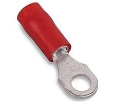 THOMAS & BETTS  RA853M               Nylon Insulated Ring Terminal, Length 0.86in, Width 0.26in, Max Insulation 0.136, Bolt Hole #6, Wire Range #22-#16 AWG, Red, Copper, Tin Plated, On Mylar Tape