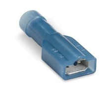 THOMAS & BETTS  RB2573ML               Vinyl Fully Insulated Female Disconnect, Length 1.01in, Width 0.38in, Max Insulation 0.185, Tab Size 0.250x.032, Wire Range #16-#14 AWG, Blue, Brass, Tin Plated, On Left Feed Reel Mylar Tape, 1,000 Pac