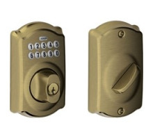 SCHLAGE ALLEGION BRAND  BE365 CAM 609 12-287 10-116        Door Lock Keypad Deadbolt, Camelot Lever, Antique Brass, With Triple Latch, Round Corner Strike