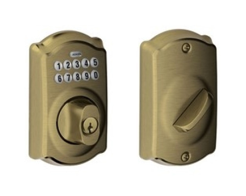 SCHLAGE ALLEGION BRAND  BE365 CAM 609 12-287 10-116        Door Lock Keypad Deadbolt, Camelot Lever, Antique Brass, With Triple Latch, Round Corner Strike