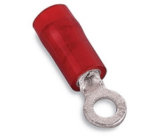 THOMAS & BETTS  RA18-8               Nylon Insulated Ring Terminal, Wire Range #22-#16 AWG, Copper, Tin Plated, Length .89 Inches, Width .26 Inches, Maximum Insulation .136, Bolt Hole #8, Red