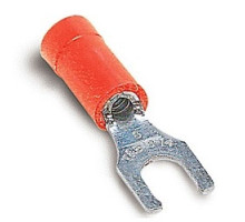 THOMAS & BETTS  18RA-8FL               Vinyl-insulated Locking Fork Terminal, Length .97 Inches, Width .29 Inches, Maximum Insulation .150, Bolt Hole #8, Wire Range #22-#18 AWG, Color Red, Copper, Tin Plated