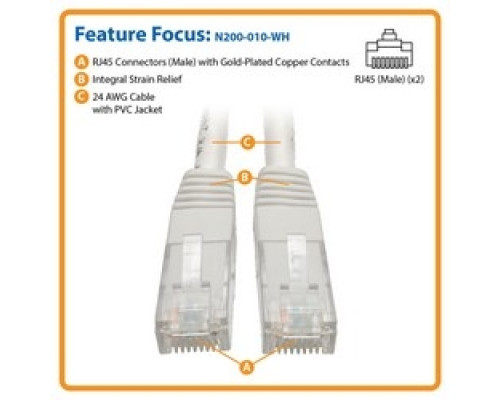 TRIPP LITE N200-010-WH        Cat6 Gigabit Molded Patch Cable RJ45 M/M , White, 10 ft.