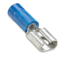 THOMAS & BETTS  14RB-250F               Vinyl Insulated Female Disconnect, Wire Range #16-#14 AWG, Copper, Tin Plated, Length .96 Inches, Width .29 Inches, Maximum Insulation .170, Tab Size .250x.032, Blue