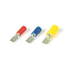 THOMAS & BETTS TV14-250MDD-XV        Vinyl Insulated 2 Crimp Male Disconnect, Wire Range 16-14 AWG, Strip Length 0.27in, Tab Size 0.250in, Install with CM2000 Die A , Blue