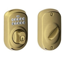 SCHLAGE ALLEGION BRAND  BE365 PLY 609 12-287 10-116        Door Lock Keypad Deadbolt, Plymouth, Antique Brass, With Triple Latch, Round Corner Strike