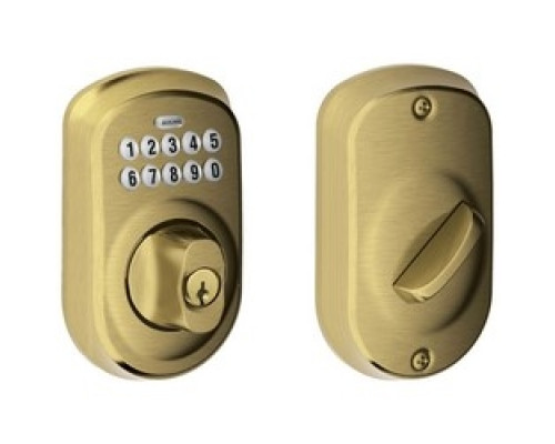 SCHLAGE ALLEGION BRAND  BE365 PLY 609 12-287 10-116        Door Lock Keypad Deadbolt, Plymouth, Antique Brass, With Triple Latch, Round Corner Strike