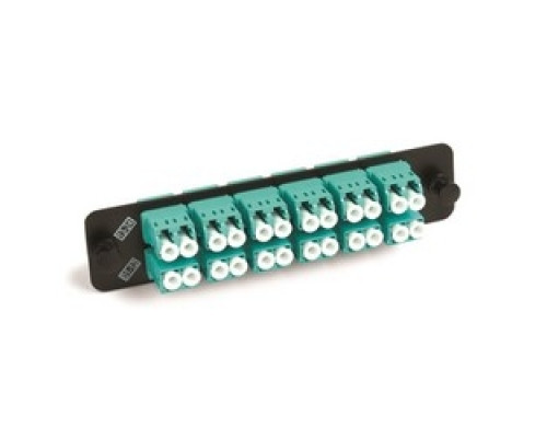 COMMSCOPE UNIPRISE SOLUTIONS  760148171  PNL-BK-024-MFA-LC02-AQ-NS              Adapter Panel, 1000-Type, 12 Lazrspeed Multimode Duplex LC Adapters, Aqua, No Shutter, Black Finish