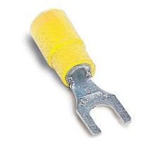 THOMAS & BETTS  RC1147-250M               Expanded Vinyl Insulated Fork Terminal, Length 1.11in, Width 0.38in, Max Insulation 0.250, Bolt Hole #8, Wire Range #12-#10 AWG, Yellow, Copper, Tin Plated, On Mylar Tape, 500 Pack