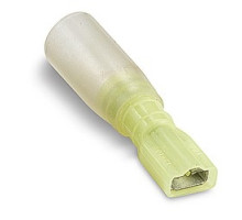 THOMAS & BETTS  RCS10-250AX               Heat Shrinkable Fully Insulated Female Disconnect Terminal, Length 1.80in, Max Insulation .250, Tab Size .250x.032, Wire Range #12-#10 AWG, Color Yellow, Copper, Tin Plated