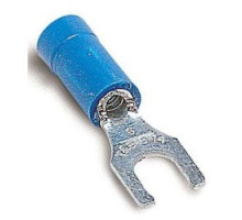 THOMAS & BETTS  RB2217M               Vinyl Insulated Locking Fork Terminal, Length 0.97in, Width 0.29in, Max Insulation 0.170, Bolt Hole #6, Wire Range #18-#14 AWG, Blue, Copper, Tin Plated, On Mylar Tape, 1,000 Pack