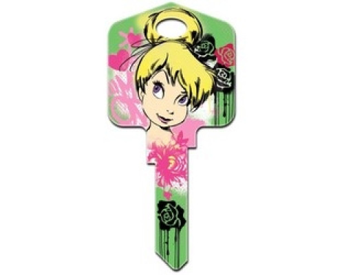 HOWARD KEYS  KW-D65               Decorative Key Blank, Kwikset, Large Headed, Painted, Disney Tinker Bell Stencil Tink Design, Individually Carded