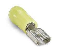 THOMAS & BETTS  RC250M               Nylon Insulated Female Disconnect, Length 1.04in, Width 0.29in, Max Insulation 0.215, Tab Size 0.250x.032, Wire Range #12-#10, Yellow, Copper, Tin Plated, On Mylar Tape, 500 Pack