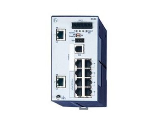 HIRSCHMANN  943434029   Compact OpenRail Gigabit Ethernet Switch; 10 Ports in total, 2 Gigabit Ethernet ports; 1. uplink: 10/100/1000BASE-TX, RJ45; 2. uplink: 10/100/1000BASE-TX, RJ45; 8 x standard 10/100 BASE TX, RJ45