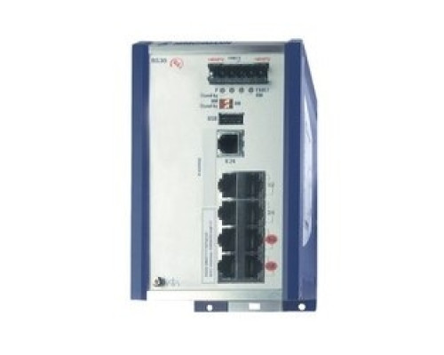 HIRSCHMANN  943434070   Compact OpenRail Fast Ethernet PoE switch; 8 ports in total; 1. uplink: 100BASE-FX, SM-SC; 2. uplink: 100BASE-FX, SM-SC; 6 x standard 10/100 BASE TX, RJ45; 4 PoE Ports