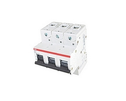 ABB  S803S-K16   3 pole, 16 amps rated at 690 V AC, IEC series high performance circuit breaker with thermal-magnetic trip device, K trip curve, and 50kA interrupt current rating
