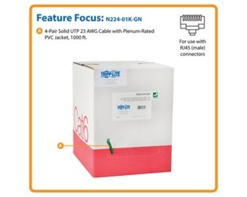 TRIPP LITE  N224-01K-GN   Cat6 Gigabit Bulk Solid-Core Plenum-Rated CMP Cable, Green, 1000 ft.