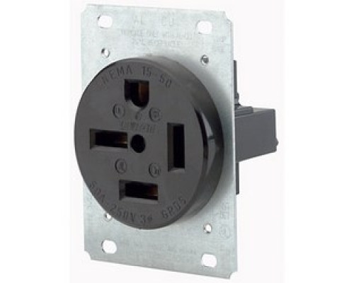 LEVITON  8450                 50 Amp, 250 Volt, NEMA 15-50R, 3P, 4W, Flush Mtg Receptacle, Straight Blade, Industrial Grade, Grounding, 3-Phase, Side Wired, Steel Strap, - Black