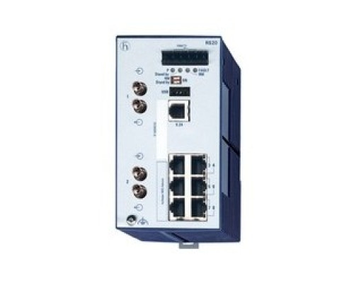 HIRSCHMANN  943434018   8 port Fast-Ethernet Compact OpenRail Switch, managed, software Layer 2 Professional, for DIN rail store-and-forward-switching, fanless; 8 ports in total; 1. uplink: 100BASE-FX, MM-ST; 2. uplink: 100BASE-FX, MM-ST; 6 x 10/100 B