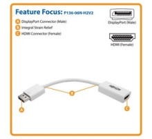 TRIPP LITE P136-06N-H2V2         DisplayPort 1.2 to HDMI Active Converter M/F , 4K x 2K 3840 x 2160 @ 60 Hz, HDMI 2.0, HDCP 2.2, 6 in.