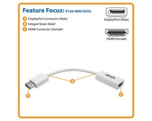 TRIPP LITE P136-06N-H2V2         DisplayPort 1.2 to HDMI Active Converter M/F , 4K x 2K 3840 x 2160 @ 60 Hz, HDMI 2.0, HDCP 2.2, 6 in.