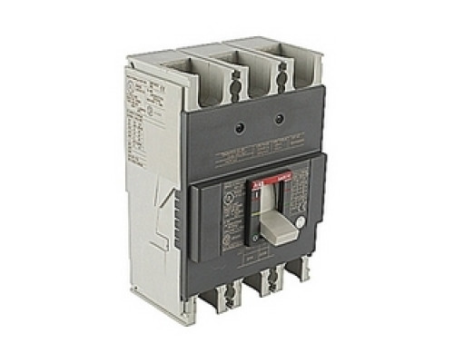 ABB  A2A200TW   3 pole, 200 amps rated at 240V AC and 250V DC, fixed trip point molded case circuit breaker, with a thermal magnetic trip device and 10kA at 240V AC and 10kA at 250V DC interrupt current rating