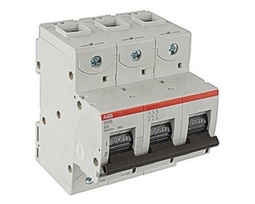 ABB  S803S-B32   3 pole, S800, 32 amp screw terminated miniature circuit breaker with a B tripping characteristic