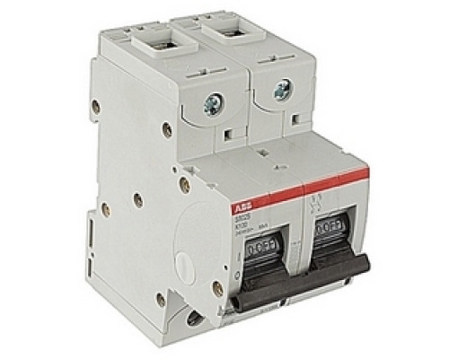 ABB  S802S-K100   2 pole, 100 amp rated at 690 V AC, IEC series miniature circuit breaker with thermal-magnetic trip device, K trip curve, and 50kA interrupt current rating