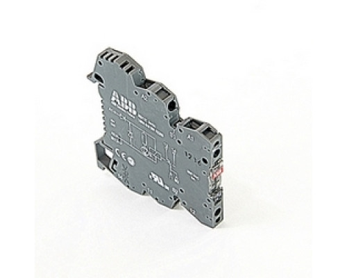 ABB  1SNA645034R2300   R600, 12 mm wide, 5 V DC interface relay module with screw clamp connections and a 0.01-6 amp rated SPDT relay output with LED indicator