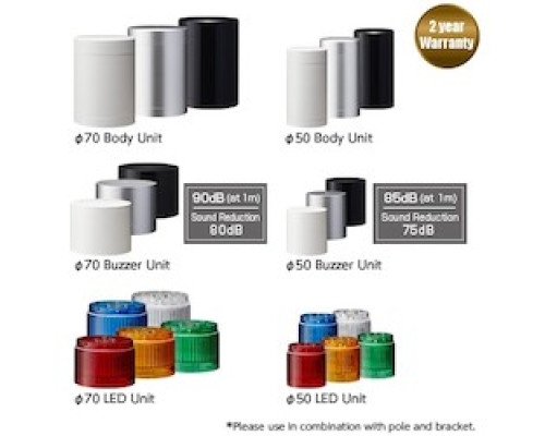 PATLITE USA CORPORATION LR5-02KTNK  50mm diameter UL CE IP65 24V DC, Base Unit, Direct Mount/Terminal with knock-out holes, pole gasket, No Flashing/Buzzer, Black