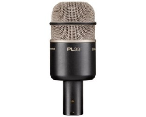 ELECTRO-VOICE  PL33                 Kick-Drum Microphone, Dynamic Supercardioid, 20 to 10000 Hertz, 0.5 Millivolt per Pascal Sensitivity, 141.5 MM Length x 59.2 MM Width