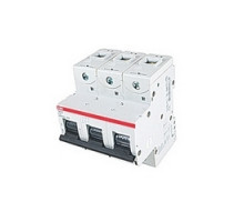 ABB  S803S-K10   3 pole, 10 amps rated at 690 V AC, IEC series high performance circuit breaker with thermal-magnetic trip device, K trip curve, and 50kA interrupt current rating