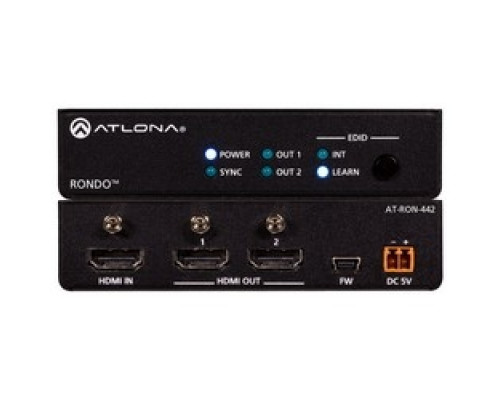 ATLONA TECHNOLOGIES  AT-RON-442   HDMI Distribution Amplifier, 4K HDR, 2-Output, 18 Gbps, 100 to 240 Volt AC/5 Volt DC, 50/60 Hertz, 6 Watt, With EDID Management, 0.4 Lb. Item Weight