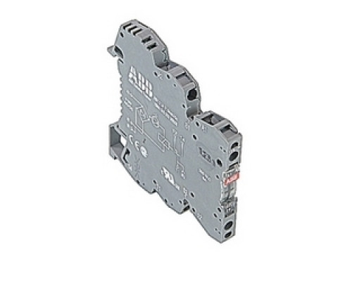 ABB  1SNA645003R0500   R600, 6 mm wide, 115V AC/DC interface relay module with screw clamp connections and a 0.01-6 amp rated SPDT relay output with LED indicator