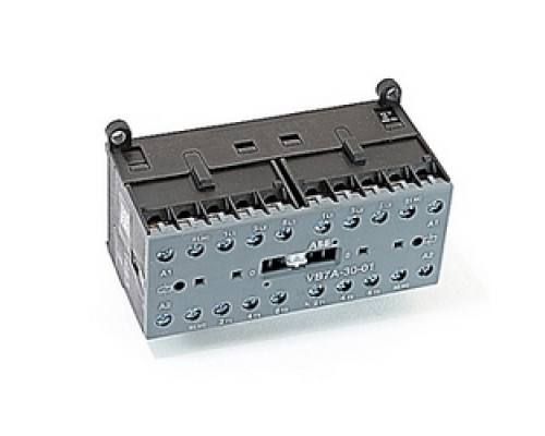 ABB  VB7-30-01-02   3 pole, plus 2 NC auxiliary contacts, 16 amp, miniature, non-reversing, mechanically interlocked contactor, coil and terminals
