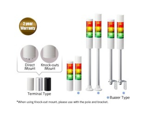 PATLITE USA CORPORATION LR5-402PJBW-RYGB  50mm diameter UL CE IP65 DC 24V, Pole Mount/Cable, Flashing/Buzzer, Off-white